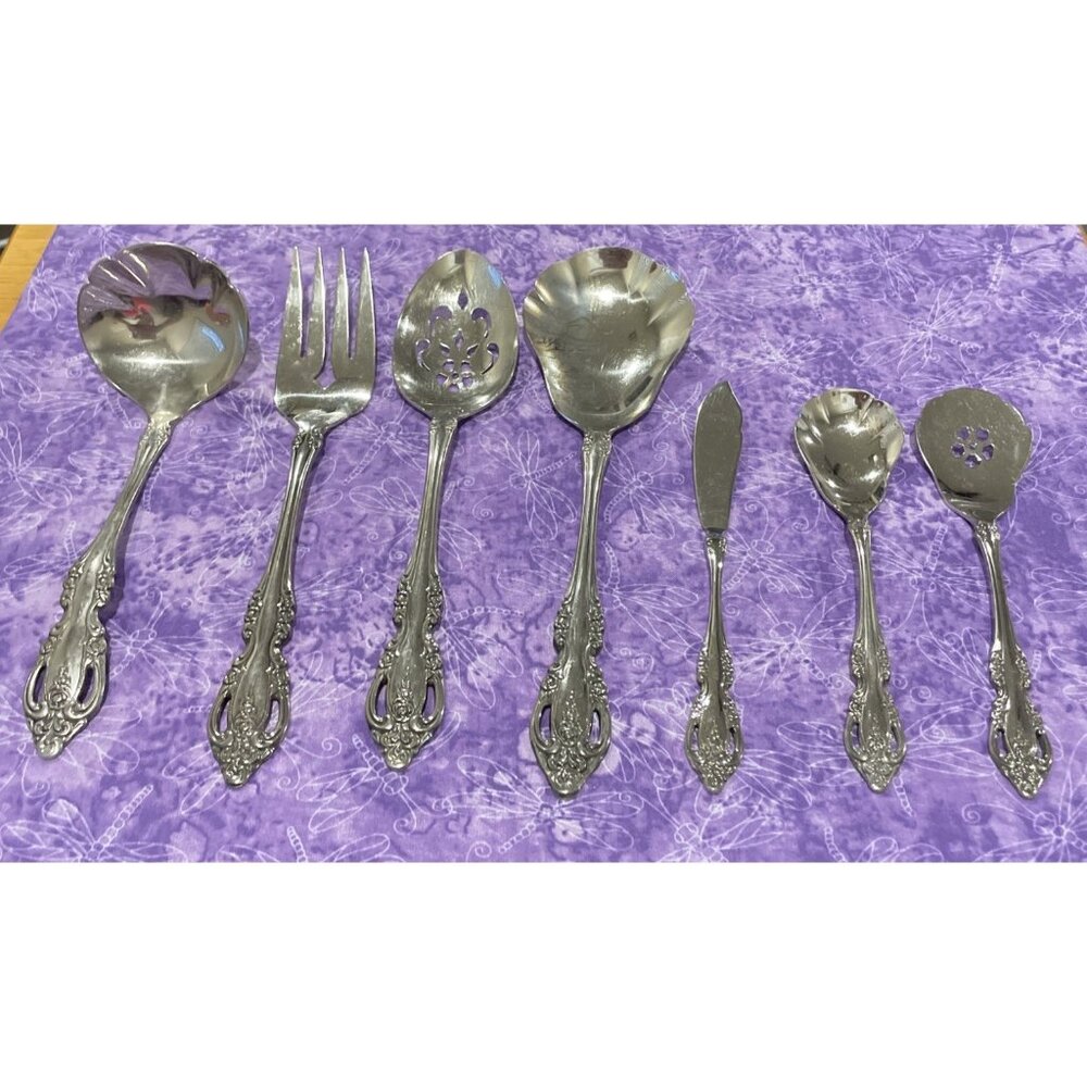 Oneida Brahms Community 7 Piece Hostess Set Spoon Fork Knife Sugar Stainless VTG
